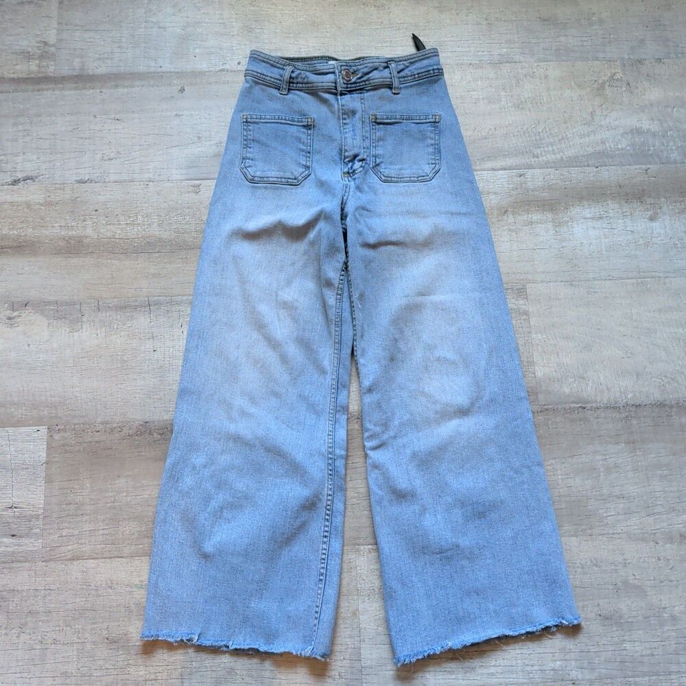 Zara The Marine Straight Jeans Light Wash Blue High Rise Wide Leg Raw Hem 4